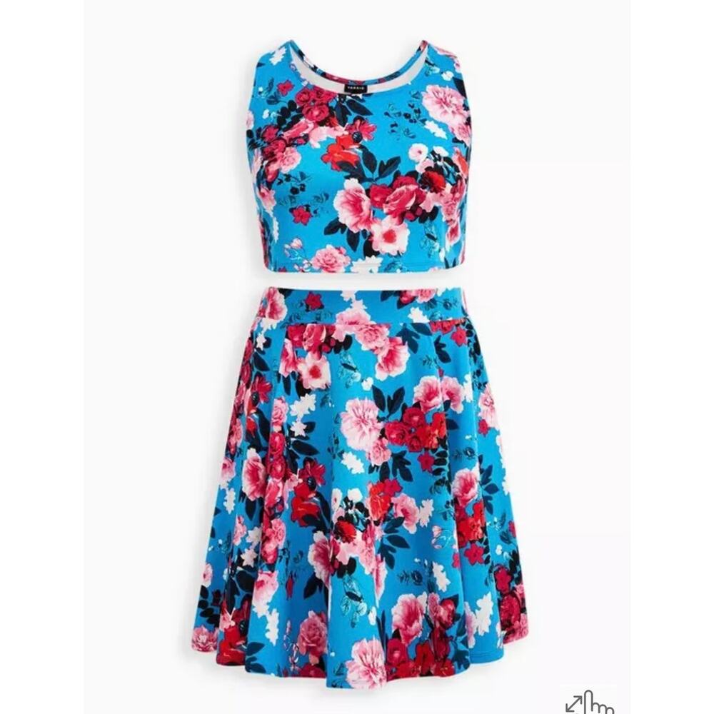 TORRID Mini Scuba Skater Set Women's Plus Size 2 Top Skirt $76 Floral Blue 2X